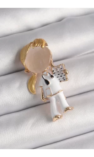 Pirinç Gold Renk Beyaz Mineli Doktor Model Kadın Broş