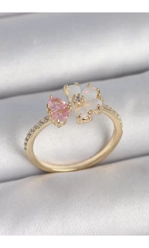 Pirinç Gold Renk Beyaz Mineli Pembe Zirkon Taşlı Çiçek Model Kadın Yüzük