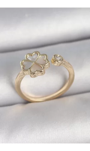 Pirinç Gold Renk Beyaz Mineli Yonca Model Zirkon Taş Detay Ayarlanabilir Kadın Yüzük