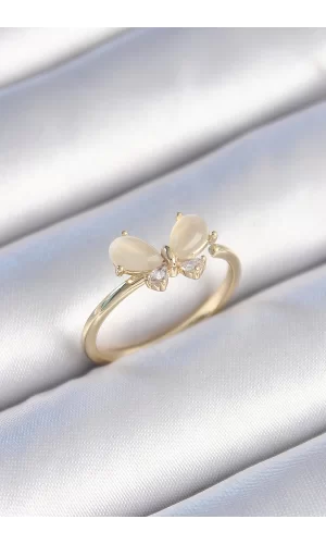 Pirinç Gold Renk Beyaz Mineli Zirkon Taşlı Kelebek Model Kadın Yüzük