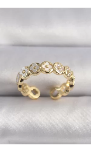Pirinç Gold Renk Beyaz Sedefli Yonca Model Kadın Yüzük