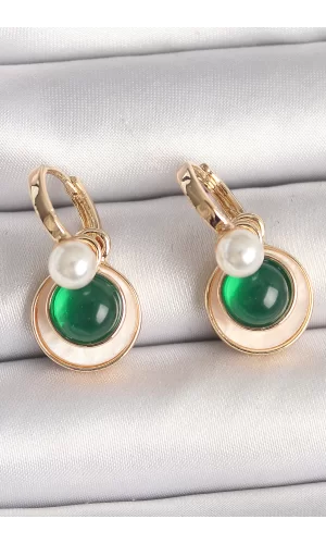 Pirinç Gold Renk Beyaz Yeşil Sallantı Mineli Kadın Küpe