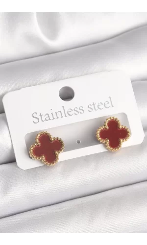 Pirinç Gold Renk Bordo Yonca Model Kadın Küpe