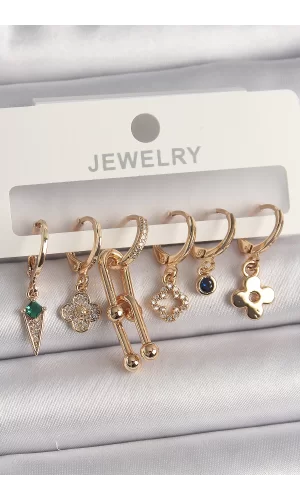 Pirinç Gold Renk Çoklu Figür Kadın Küpe Seti