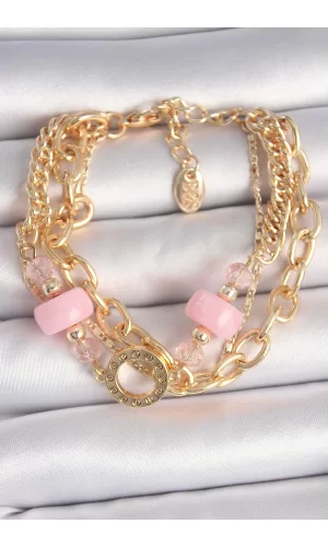 Pirinç Gold Renk Çoklu Pembe Taşlı Kadın Bileklik
