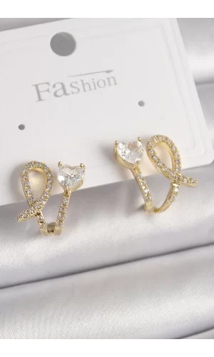 Pirinç Gold Renk Düğüm Model Zirkon Taşlı Kalp Detay Kadın Küpe