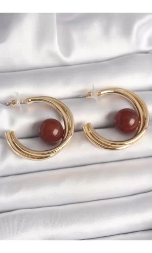 Pirinç Gold Renk Halka Model Kahverengi Boncuk Detay Kadın Küpe
