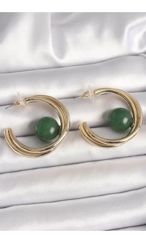 Pirinç Gold Renk Halka Model Yeşil Boncuk Detay Kadın Küpe