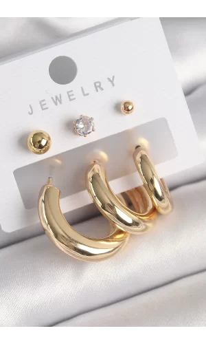 Pirinç Gold Renk Halka Model Zirkon Taşlı Topçuk Detay Kadın Küpe
