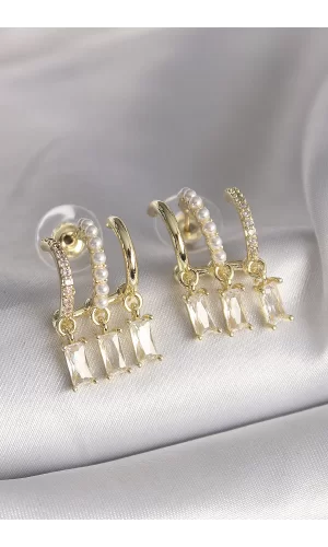 Pirinç Gold Renk İnci Detay Sallantı Zirkon Taşlı Kadın Küpe