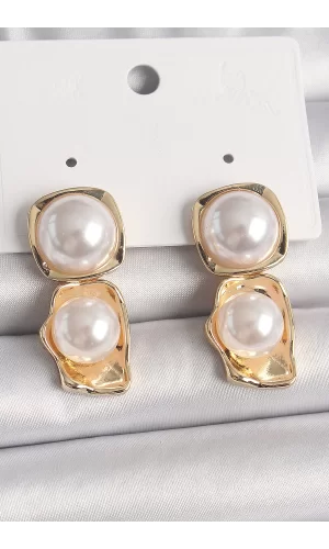 Pirinç Gold Renk İnci Kare Model Kadın Küpe