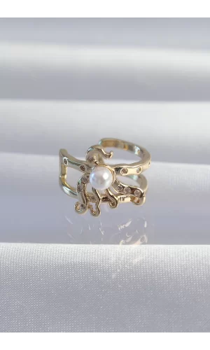 Pirinç Gold Renk İncili Ahtapot Earcuff Küpe