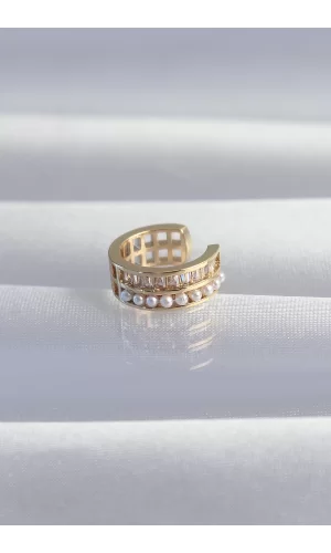 Pirinç Gold Renk İncili Baget Taşlı Earcuff Küpe