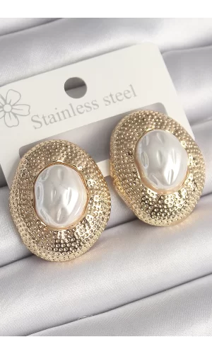 Pirinç Gold Renk İncili İşlemeli Daire Model Kadın Küpe