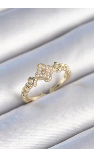 Pirinç Gold Renk İncili Yonca Model Zirkon Taş Detay Kadın Yüzük