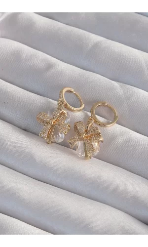 Pirinç Gold Renk İri Zirkon Taşlı Fiyonk Model Halka Küpe