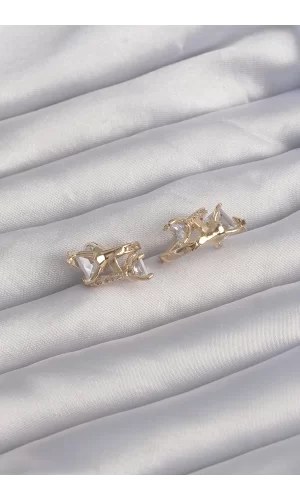 Pirinç Gold Renk İri Zirkon Taşlı Kıvrımlı Minimal Kelebekli Halka Küpe
