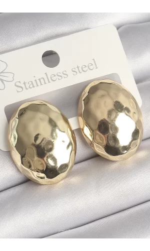 Pirinç Gold Renk İşlemeli Bombe Oval Model Kadın Küpe