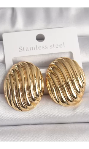 Pirinç Gold Renk İşlemeli Oval Model Kadın Küpe