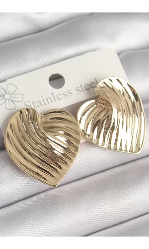 Pirinç Gold Renk İşlemeli Plaka Kalp Model Kadın Küpe