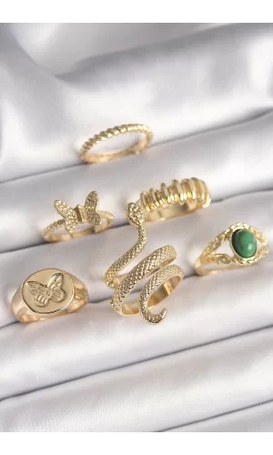Pirinç Gold Renk İşlemeli Yılan Model Kelebek Detay 6Lı Kadın Yüzük Seti