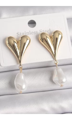 Pirinç Gold Renk Kalp Model Sallantı İnci Damla Model Kadın Küpe