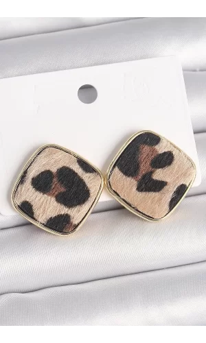 Pirinç Gold Renk Kare Leopar Model Kadın Küpe