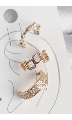 Pirinç Gold Renk Kare Model Zirkon Taşlı 3Lü Model Kadın Kıkırdak Küpe
