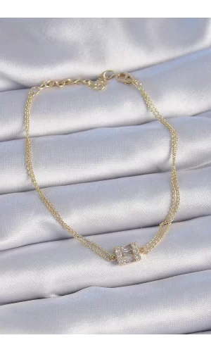 Pirinç Gold Renk Kare Zirkon Taşlı Kadın Bileklik