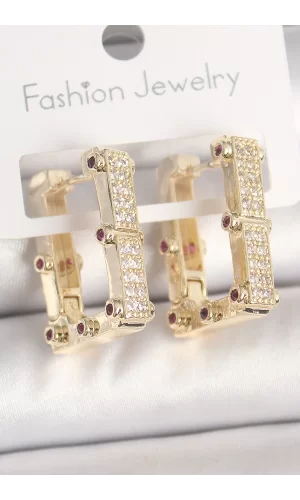 Pirinç Gold Renk Kare Zirkon Taşlı Kadın Küpe