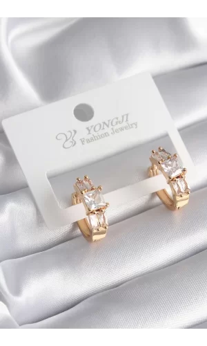 Pirinç Gold Renk Kare Zirkon Taşlı Kadın Küpe