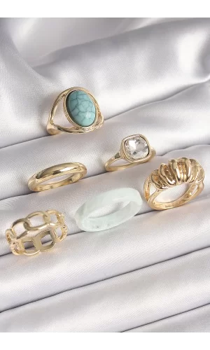 Pirinç Gold Renk Kare Zirkon Taşlı Sarmal Model Mavi Taş Detay 6Lı Kadın Yüzük Seti