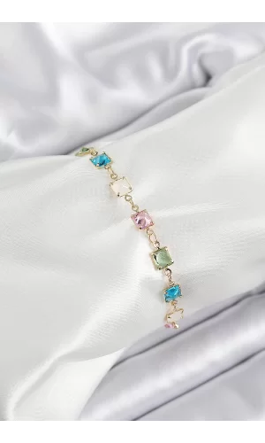 Pirinç Gold Renk Karışık Renk Kare Zirkon Taşlı Kadın Bileklik