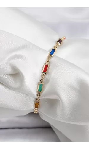 Pirinç Gold Renk Karışık Renkli Kare Zirkon Taşlı Kadın Bileklik