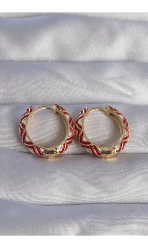 Pirinç Gold Renk Kırmızı Etnik Desenli Halka Küpe