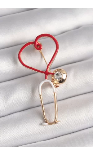 Pirinç Gold Renk Kırmızı Steteskop Model Zirkon Taş Detay Kadın Broş