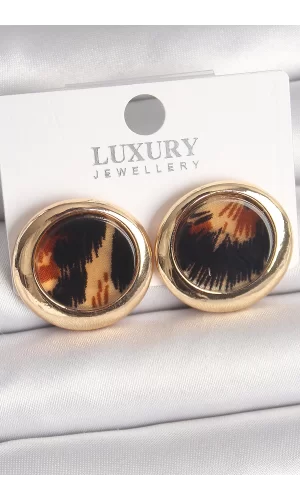 Pirinç Gold Renk Leopar Desen Daire Model Kadın Küpe