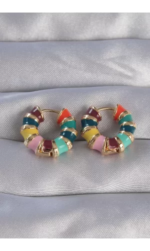 Pirinç Gold Renk Mineli Çok Renkli Kabartmalı Halka Küpe