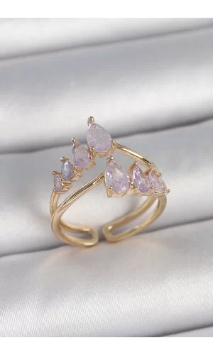 Pirinç Gold Renk Mor Damla Zirkon Taşlı Taç Model Kadın Yüzük
