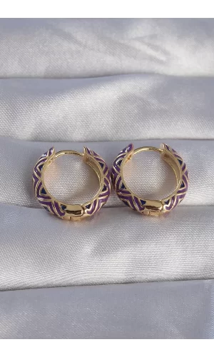 Pirinç Gold Renk Mor Etnik Desenli Halka Küpe