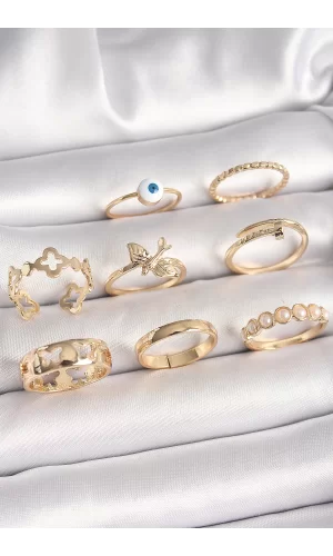 Pirinç Gold Renk Nazar Boncuk Model Kuş Detay Kadın Yüzük Kombini