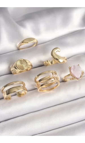 Pirinç Gold Renk Pembe Damla Mineli Sarmal İşleme Detaylı 6Lı Kadın Yüzük Seti