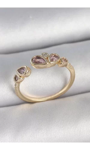 Pirinç Gold Renk Pembe Damla Zirkon Taşlı Ayarlanabilir Kadın Yüzük
