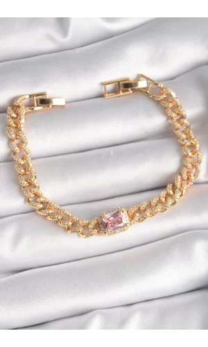 Pirinç Gold Renk Pembe Kare Zirkon Taşlı VIP Seri Kadın Bileklik