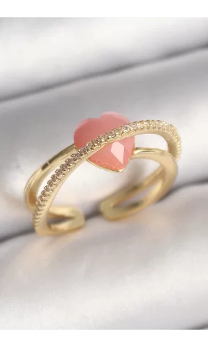 Pirinç Gold Renk Pembe Kristal Kalp Model Zirkon Taş Detaylı Kadın Yüzük