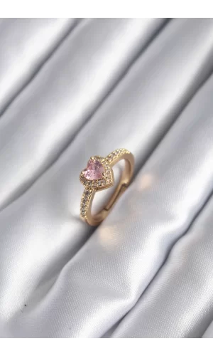 Pirinç Gold Renk Pembe Zirkon Taş Kalp Charm Model Kadın Yüzük
