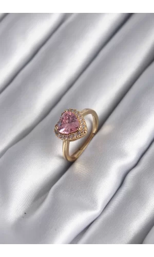 Pirinç Gold Renk Pembe Zirkon Taş Kalp Charm Model Kadın Yüzük