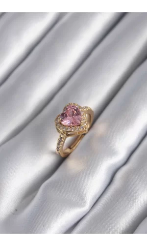 Pirinç Gold Renk Pembe Zirkon Taşlı Charm Kalp Model Kadın Yüzük