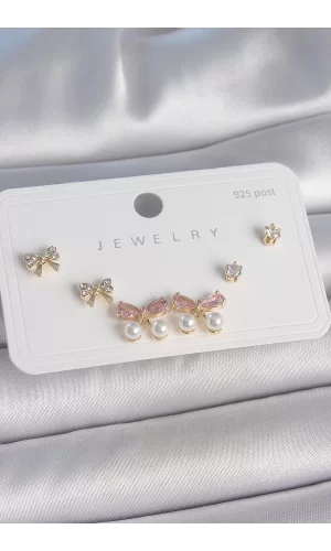 Pirinç Gold Renk Pembe Zirkon Taşlı Fiyonk Model İnci Detay 925 Ayar Gümüş Çivi Kadın Küpe Seti
