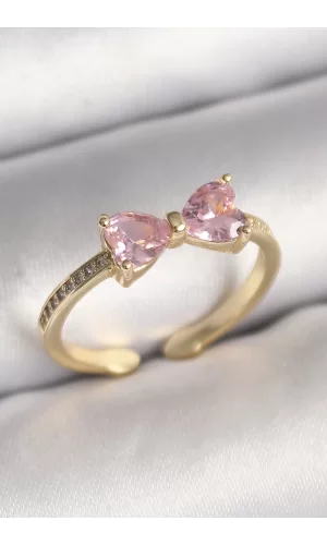 Pirinç Gold Renk Pembe Zirkon Taşlı Kalp Fiyonk Model Kadın Yüzük
